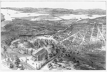 Balloon view of Washington, D.C., Harper's Weekly, July 27, 1861, p. 476. Library of Congress Prints and Photographs Division, LC-USZ62-71022. Smithsonian Institution Building can be seen at the top center east of the Potomac River and Virginia,  Washington Canal visible, proceeding from the Potomac River due east and then southeast.