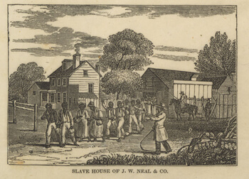 A slave coffle in Washington, D.C., possibly marching to auction, from William S. Dorr, Slave market of America, published by the American Anti-Slavery Society, 1836. Library of Congress Rare Book and Special Collections Division, LC-DIG-ppmsca-19705. The J. W. Neal slave house was near the city's center market. 