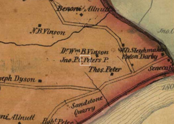 Simon J. Martenet, Detail of Martenet and Bond's Map of Montgomery County, 1865. Library of Congress Geography and Map Division, 2002620533. A white box shows John P. C. Peter's sandstone quarry and residence at Seneca Mills, just north of the Potomac River in Virginia.