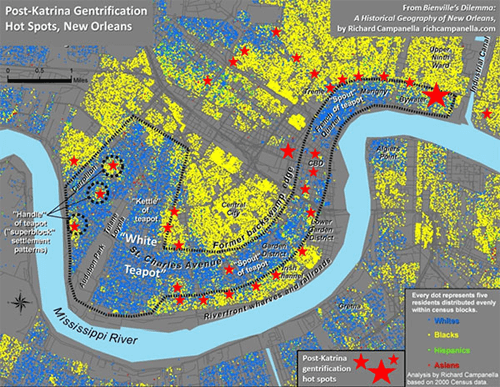 Richard Campanella, Post-Katrina gentrification hot spots, New Orleans, 2012. From Campanella's Bienville's Dilemma: A Historical Geography of New Orleans, 2008.
