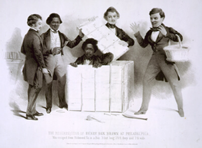 The Resurrection of Henry Box Brown at Philadelphia, who escaped from Richmond Va. in a box 3 feet long 2½ ft. deep and 2 ft. wide. Henry Box Brown's iconic flight North was sparked when he watched his wife and child sold South. Published by A. Donnelly, 1850. Courtesy the Library of Congress.