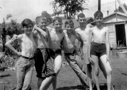 Ben Duncan, far right, soon after placement in first foster home, with neighborhood boys who were, he writes, "unfailingly kind and friendly." West End, Birmingham, Alabama, c. 1939.