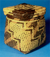 Cherokee basket and lid, double woven of river cane and dyed with walnut, early 1800s, Georgia, Yale Peabody Museum of Natural History. Cherokee basket and lid, double woven of river cane and dyed with walnut, early 1800s, Georgia, Yale Peabody Museum of Natural History.