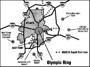 Map of Olympic Ring in downtown and midtown Atlanta, 1996