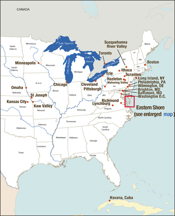 Eastern Shore Map, area highlighted.