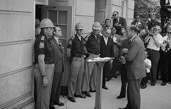 Warren K. Leffler, Governor George Wallace attempting to block integration at the University of Alabama, Tuscaloosa, Alabama, 1963.