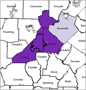 Map 1. African American Isolation In Metro-Atlanta: Percentage of African American Students in Predominately Minority High Schools by District, 1994/1995