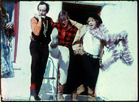 Still from Andy Warhol's Lonesome Cowboys, 1968. Image depicts Taylor Mead, Joe Dallesandro, and Eric Emerson. Andy Warhol Lonesome Cowboys, 1967-68 16mm film, color, sound, 109 minutes ©2010 The Andy Warhol Museum, Pittsburgh, PA, a museum of Carnegie Institute. All rights reserved. Film still courtesy of The Andy Warhol Museum. 