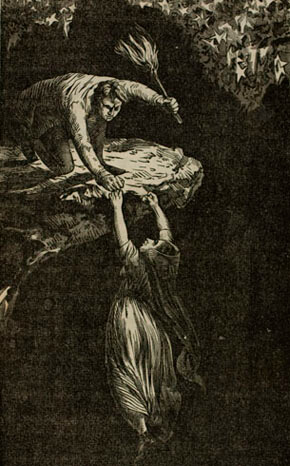 E. Elmer Barclay, Esther's leap into The Bottomless Pit, from Startling Disclosures! Mysteries Solved! On the History of Ester Livingstone, and Dark Career of Henry Baldwin, 1853. 