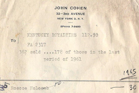 Royalties statement, Mountain Music of Kentucky, 1961