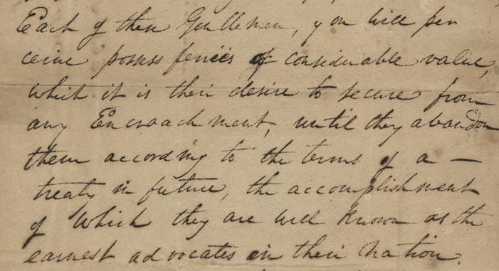 In this letter to Governor Lumpkin, John Ridge sought protection for the property of Major Ridge and treaty advocate Alexander McCoy two years before signing the Treaty of New Echota. Courtesy of the Georgia's Virtual Vault website, Georgia Archives, University System of Georgia.