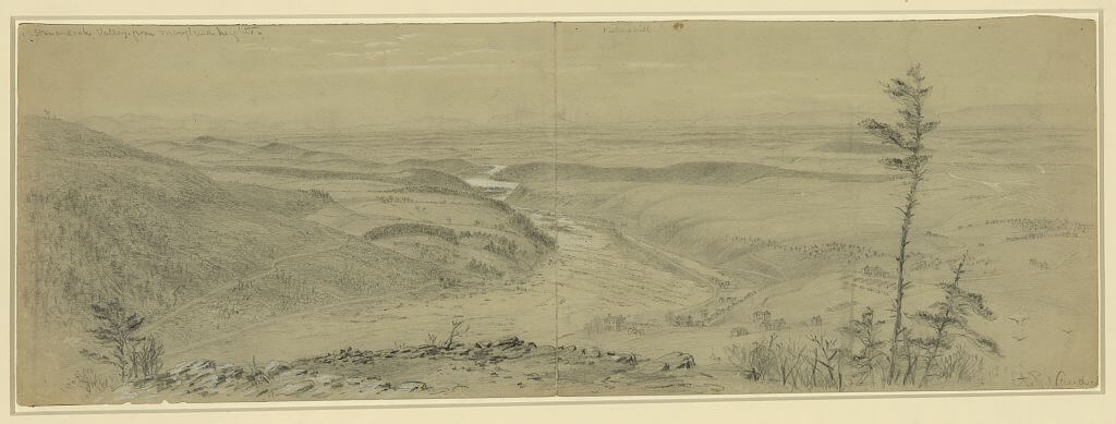 Shenandoah Valley from Maryland Heights, Maryland Heights, Virginia, 1864. Sketch by Alfred R. Waud (Alfred Rudolph). Courtesy of the Library of Congress Prints and Photographs Division, loc.gov/item/2004660474/.