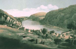 A 1858 landscape illustration by Edward Beyer depicting the scenic mountain and river valley of Harper's Ferry from Jefferson Rock.