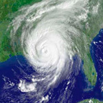Satellite image of Gulf of Mexico states, showing shape of Hurricane Katrina.