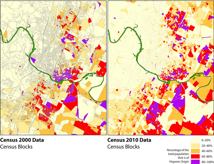 Changing Hispanic Landscape: Hispanic/Latino Population Concentrations, 2000 and 2010. Map produced by Ryan Robinson, City Demographer, Department of Planning, City of Austin, February 2011. Map courtesy of Andrew M. Busch, 2015.