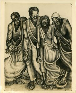 Cotton Pickers, 1947. Sketch by John Biggers, depicting his early realist style. Photo courtesy of John Biggers's Estate. John Biggers Papers, Emory University Manuscript, Archives, and Rare Book Library.
