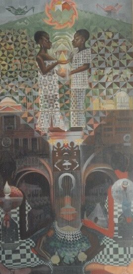 House of the Turtle, pre-installation, Hampton University, Hampton, Virginia, ca. 1992. Mural by John Biggers. Photo courtesy of John Biggers's Estate. John Biggers Papers, Emory University Manuscript, Archives, and Rare Book Library.