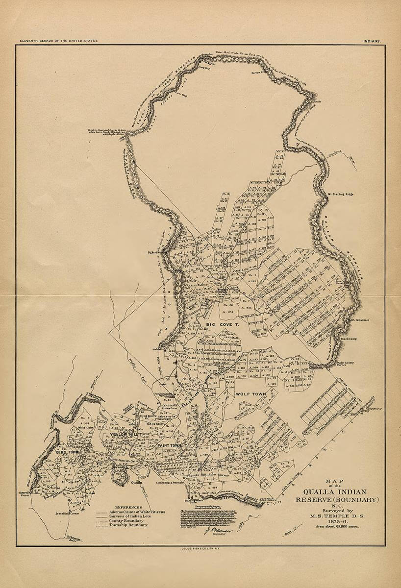 Map of the Qualla reserve boundary, North Carolina, ca. 1890. Originally published by the US Census Office. Courtesy of the North Carolina Collection, University of North Carolina at Chapel Hill. Map is in public domain. Map of the Qualla reserve boundary, North Carolina, ca. 1890. Originally published by the US Census Office. Courtesy of the North Carolina Collection, University of North Carolina at Chapel Hill. Map is in public domain.