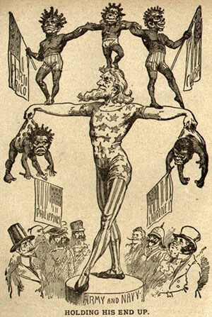 "Holding His End Up," Philadelphia Inquirer, ca. 1899. Political cartoon depicting Puerto Rico, Hawaii, Cuba, the Philippine and Mariana Islands as spoils of the Spanish–American War. "Holding His End Up," Philadelphia Inquirer, ca. 1899. Political cartoon depicting Puerto Rico, Hawaii, Cuba, the Philippine and Mariana Islands as spoils of the Spanish–American War.