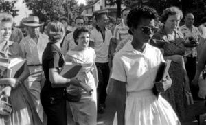 Hazel Bryan (left) harasses Elizabeth Eckford as black students attempt to integrate Little Rock's Central High School, Little Rock, Arkansas, September 4, 1957. Photograph by Will Counts. Courtesy of Matthew F. Delmont.