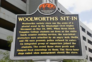 Woolworth's Sit-In historic marker, Jackson, Mississippi, dedicated May 28, 2013. Photograph by Flickr user Ron Cogswell. Creative Commons license CC BY-NC 2.0. 
