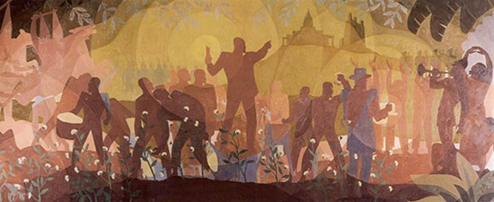 Aspects of Negro Life: From Slavery through Reconstruction. Mural panel by Aaron Douglas, 1934. The Schomburg Center for Research in Black Culture, Art and Artifacts division, The New York Public Library.