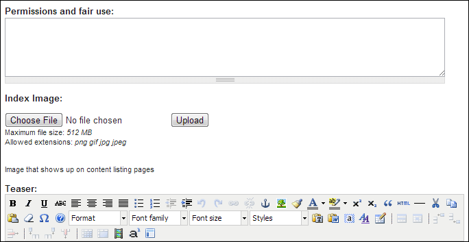Screenshot of Southern Spaces' "Edit" page showing the "Permissions and fair use" field.