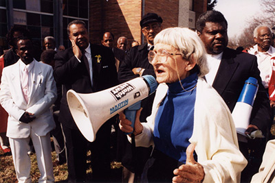 Anne Braden speaking at a rally, Louisville, Kentucky, 2002. Reproduced by permission from the Wisconsin Historical Society. 