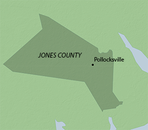 Location of Pollocksville in Jones County, North Carolina. Map by Southern Spaces, 2015.