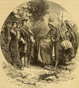 Etching of the "Meeting of White Men and Indians," Displays colonists on the left and Native Americans on the right.