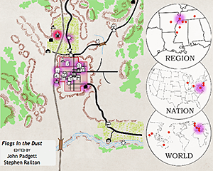The user has begun the "Play Narrative" animation for Flags in the Dust, and has reached page 75. Events can also be viewed in chronological order. The area highlighted in red indicates the current Event. Locations and dates in purple indicate the places and times that the narrative has moved through already (darker purple indicates multiple returns to a specific time). Screenshot by Stephen Railton, 2014. Courtesy of Digital Yoknapatawpha Project.
