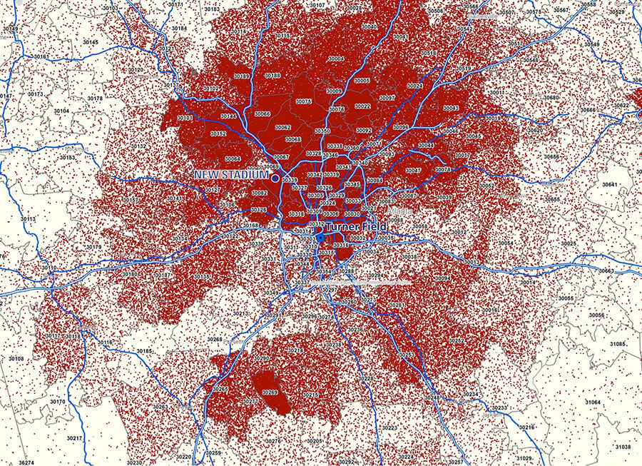 Map displaying the distribution of the Atlanta Braves fanbase overlaid on the city of Atlanta.