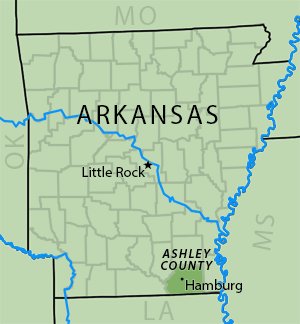 Map of the Ark-La-Miss Borders. The Martins grew up in the town of Hamburg in Ashley County, Arkansas. Map by Southern Spaces.