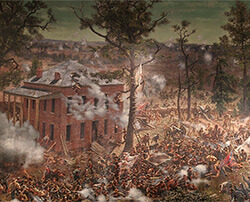 The Troup Hurt House and the four-gun DeGress Battery, which were temporarily captured by Confederate infantry on the afternoon of July 22, 1864, Battle of Atlanta Cyclorama, Atlanta, Georgia, 1886. Painting by the Atlanta Panorama Company.