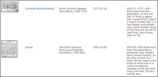 Screenshot from North Carolina Runaway Slave database.