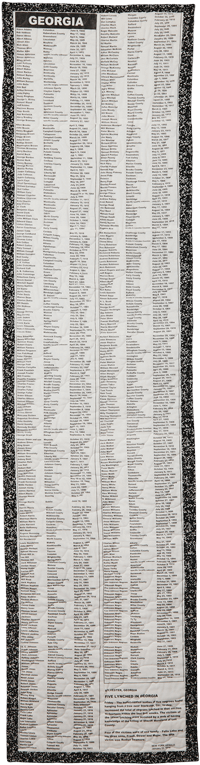 The Blood of the Slaughtered II, 2001. © Gwendolyn A. Magee, Pieced, quilted, stitched, and appliquéd fabrics, with cording. 70''x18''. Collection of the Gwendolyn Ann Magee Estate, D. E. Magee.