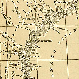 Map detailing the geography of St. Catherines Island and St. Catherines Sound. Map courtesy of Steve Bransford, Anthony Martin, and Michael Page. Screenshot courtesy of Southern Spaces.