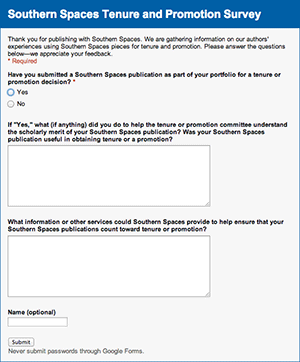 Southern Spaces tenure and promotion survey, 2013. Screenshot courtesy of Southern Spaces.