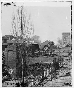 Ruins of Atlanta railroad depot, demolished before Sherman's departure, 1864. Wet collodion by George Barnard. Courtesy of Library of Congress.