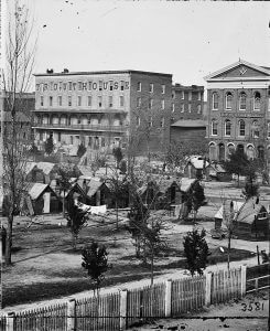 Trout House, Masonic Hall and Federal encampment on Decatur Street during Union occupation of Atlanta, Georgia, 1864. Wet collodion by George Barnard. Courtesy of Library of Congress.