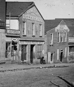 Auction and negro sales, Whitehall Street, near present-day Peachtree Street, Atlanta, Georgia, ca. 1864. Wet plate negative by George Barnard. Courtesy of Library of Congress.