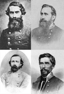 Hardee's division commanders, Confederate division commanders whose units completed Hardee's Night March, clockwise from upper left, William H. T. Walker, William B. Bate, Patrick R. Cleburne, and George E. Maney. Compilation by Christopher Sawula, 2014.
