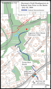 Sherman's field headquarters and Federal line prior to the battle, July 22, 1864. Battle of Atlanta map by Michael Page, 2014.