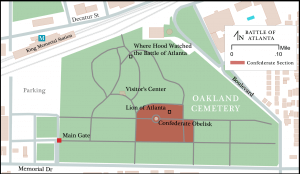 Oakland Cemetery, Atlanta, Georgia. Battle of Atlanta map by Michael Page, 2014.