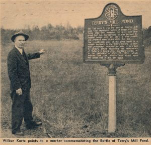Wilbur Kurtz at Terry's Mill Pond historical marker, Glenwood Drive and Wilkinson Drive, Atlanta, Georgia, Atlanta Journal and Constitution Magazine, March 1957.