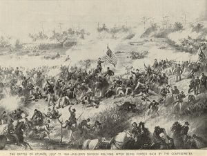 Post-war illustration of Union Brigadier General John Fuller planting the US flag on the Atlanta Battlefield, July 22, 1864. Print by James E. Taylor. Courtesy of the New York Public Library.