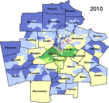 Atlanta Metropolitan Statistical Area segregation and integration by census tract for 2010. Sources: Cashin 2004; Wiggins, Morello, and Keating 2011; 2000 and 2010 Census; author.