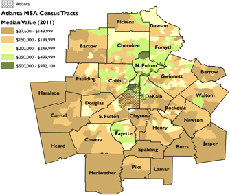 Median home value for Atlanta MSA census tracts. Sources: Rusk 2001; 2011 American Community Survey 5-Year Estimates; author.