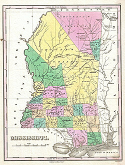 The 1827 Anthony Finley Map of Mississippi depicts the extent of the Choctaw nation in the state. It is featured on the cover of Osburn's book. Photograph by Geographicus Rare Antique Maps. Courtesy of Wikimedia Commons.