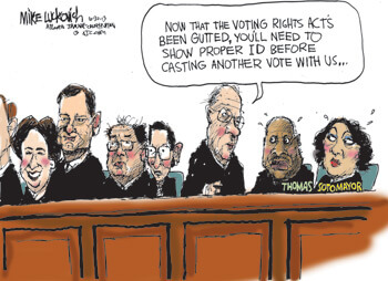 Voting Rights, June 30, 2013. Cartoon by Mike Luckovich. Republished by permission of Mike Luckovich.